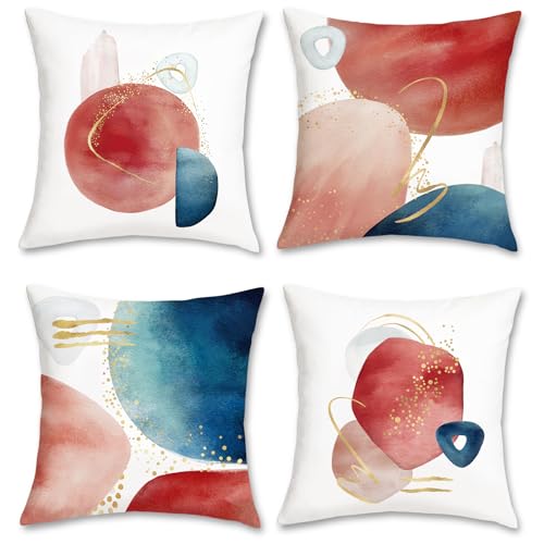 Bonhause BHP0225 Abstract Boho Throw Pillow Covers 18 X 18 Inch Mid Century Modern Minimalist Red Blush Blue Geometric Decorative Pillows Covers For Couch Sofa Bed Home Decor Set Of 4 cover