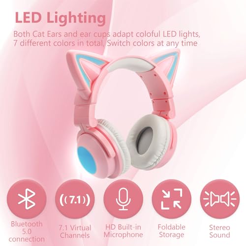Image of Cat Ear Bluetooth Headphones, Over Ear Wired Headphones with LED Lights, Foldable Wireless Headset with Built-in Mic, Compatible with Phone /PC /Tablet /TV (Pink) | Toddler Girl Headphones, Bluetooth Over Ear Headphones with Microphone,Foldable,Phone /PC /Tablet /TV Compatible,Pink