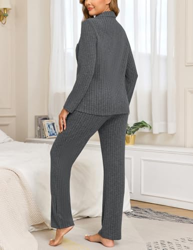 Image of Veseacky Women's Ribbed Knit Pajamas Set 2 Piece Warm Soft Loungewear Sleepwear Pjs S-XXL