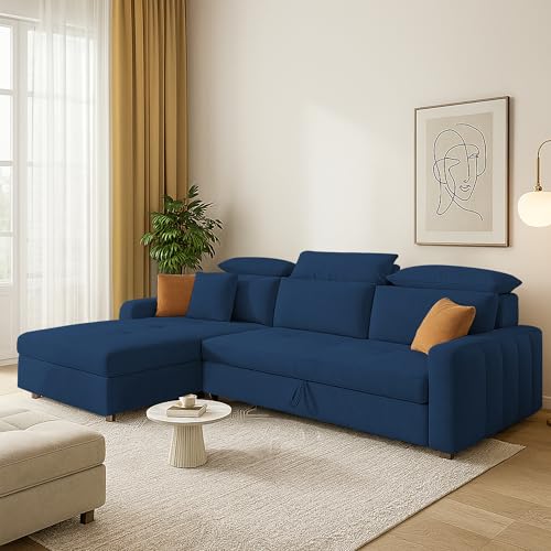 Image of Casaliving Gagnon LHS 4 Seater L Shape Corner Sofa Cum Bed for Living Room (Blue Fabric) Premium Fabric Sofa