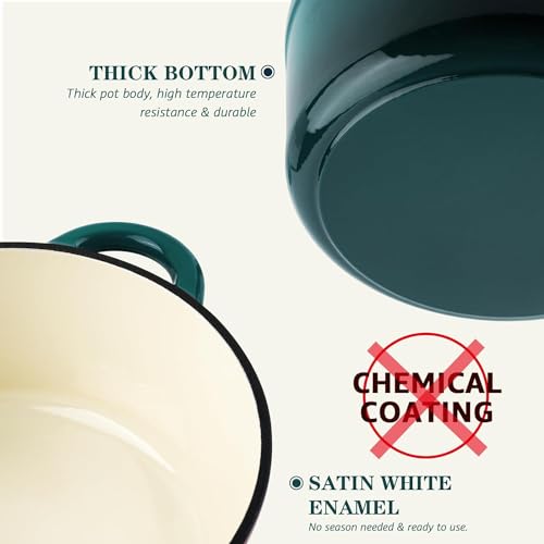 Overmont 26cm/5.2L Enamelled Cast Iron Round Casserole Pot With Lid Cookbook & Cotton Potholders - Non-stick Dutch Oven Cookware for Braising, Stews, Roasting, Bread Baking - Bottle green, 5.5QT - Image 7