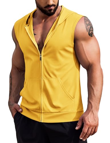 COOFANDY Men Workout Tank Top Fitness Bodybuilding Sleeveless T Shirt Zip Up Hoodies with Two Side Pockets Yellow Xx-Large