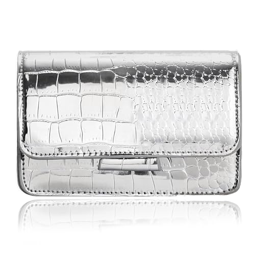 Small Crossbody Purse Bag for Women,Mini Y2k Silver Metallic Croc-Embossed Clutch Handbag,Cute PU Leather Pouch Wallet Fit for Phones