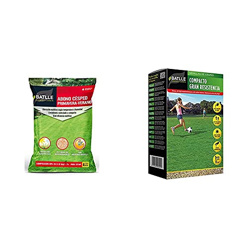 Batlle Abonos Fertilizante Cesped Primavera-Verano Saco 4Kg + Semillas De Césped Césped Compacto Gran Resistencia 1Kg