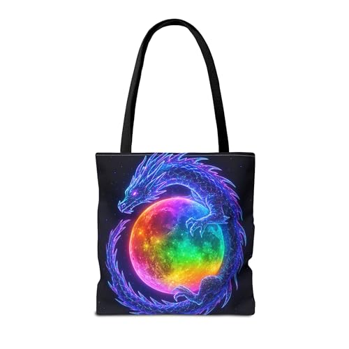 Premium Tote Bag with Reinforced Stitching - Holographic Dragon Curled Around a Rainbow Moon2