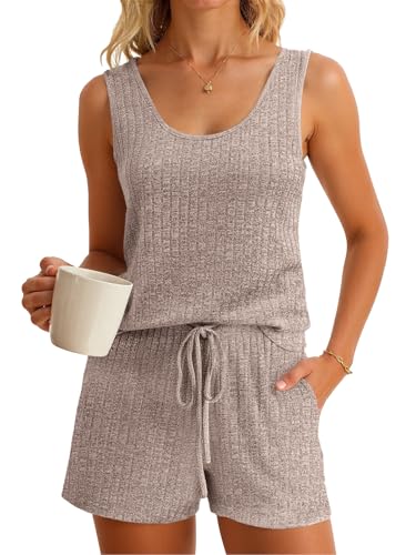 Imily Bela Womens Pajama Sets 2 Piece Sleeveless Summer Pjs Ribbed Knit Tank Top and Shorts Cute Lounge Sleepwear