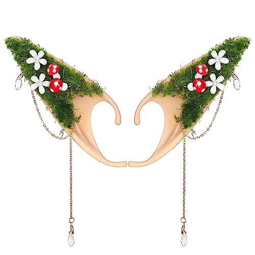 Renaissance Fairy Mushroom Elf Ears - Forest Ear Cuffs with White Mushroom Moss and Flower Non Piercing Earrings Ear Clips Wraps for Women Cosplay Christmas Halloween Renaissance Costume Accessories