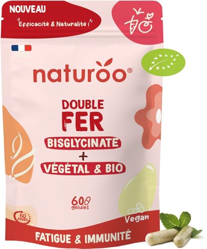 Double Fer Bio : Bisglycinate + Végétal - 60 Gélules Vegan (2 mois) - Fatigue, Globules Rouges, Immunité, avec Vitamines B2 & C - Fabriqué en France Double Fer Bio : Bisglycinate + Végétal - 60 Gélules Vegan (2 mois) - Fatigue, Globules Rouges, Immunité, avec Vitamines B2 & C - Fabriqué en France