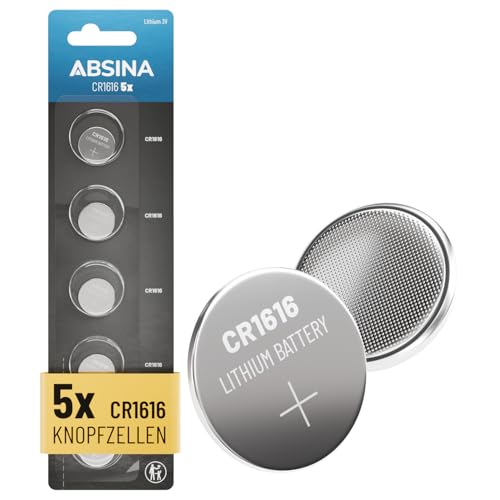 ABSINA 5X CR1616 3V Lithium Knopfzelle - Batterie CR 1616 auslaufsicher & Lange Haltbarkeit - CR1616 Batterie 1