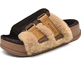 KuaiLu Womens Fuzzy Platform Open Toe Slippers with Arch Support Fluffy Furry Slides Orthotic Faux Fur Sandals Indoor Outdoor Brown Size 10