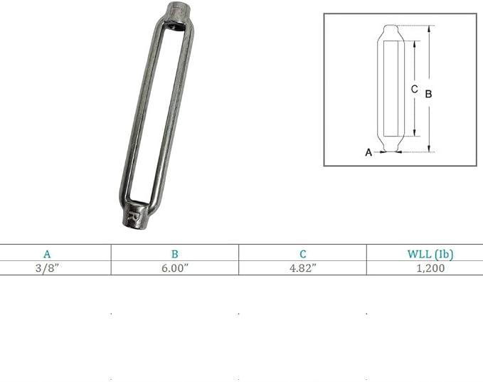 Cuerpo de tensor marino de acero inoxidable T316 de 3/8" x 4-7/8", resistente a la corrosión, límite de carga de trabajo de 1200 lb miniatura 2