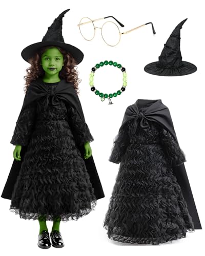Behufun Witch Costume for Girls - Halloween Costume for Kids Black Ruffled Witch Dress with Hat Cape Glasses Cosplay Outfit