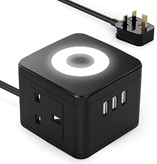 Gafild Cube Plug Extension Lead with USB Slots, 2 Way Tube Power Strip with 2 AC Outlets & 3 USB Ports, 1.5M Extension Cord Overload Protected Power Socket with Night Light for Home Office Travel