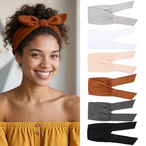 Image of 6 Pieces Adjustable Knotted Headbands for Women Elastic Fashionable Sports Hairbands Head Scarf Stretchy Wide Headbands Non Slip Workout Yoga Sport Headbands for Women