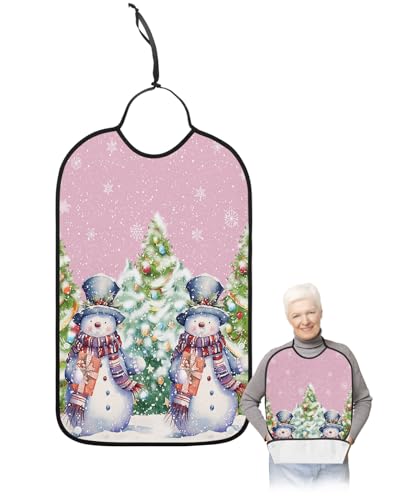 Christmas Adult Bibs for Eating, Waterproof Bibs with Food Catcher & Adjustable Snap Closure, Pink Snowman Xmas Winter Snowflake Green Tree Clothing Protectors Adult Bibs for Elderly Women/Men