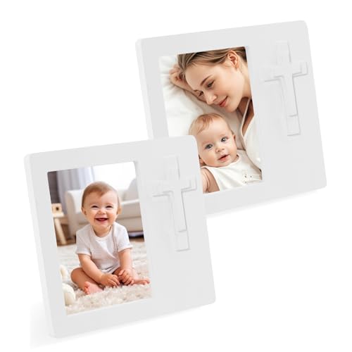 meiqidi 2 Pack Baptism Picture Frame Christening Gifts for Boys and Girls White Wooden Cross Design Religious Baby Picture Frame 3.5 X 5 (2)