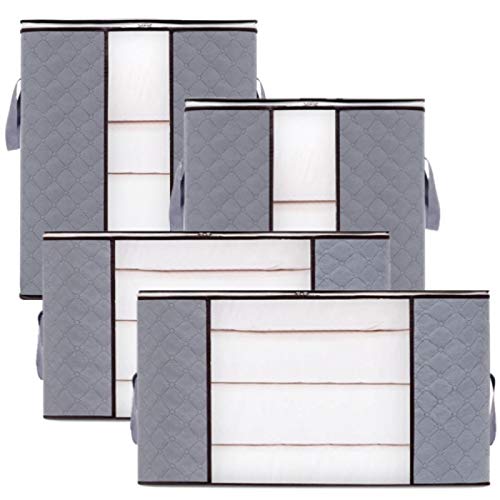 Tonsooze Bolsa de Almacenamiento de Ropa de Gran Capacidad,Organizador de Armario Plegable Transpirable con Asa Reforzada para Edredones,Mantas, Ropa de Cama,4 Piezas Gris
