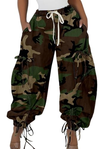 Women Barrel Camo Pants Drawstring Wide Leg Baggy High Waisted Pants Trendy Y2k with Pocket