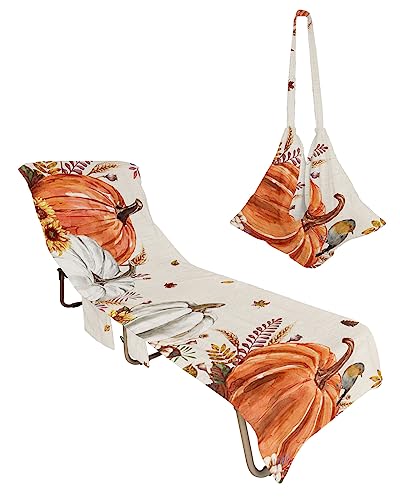 Vintage Pumpkins Beach Chair Towel Covers for Chaise Lounge with Side Pocket, Soft Plush Pool Towels Cover for Patio Sunbathing Outdoor 29''x85'' Season Fall Maple Leaves Orange White