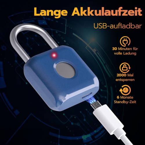 Anweller Fingerabdruck Schloss, Smart Schloss, Vorhängeschloss Fingerabdruck, Schloss mit Fingerabdruck Klein für Gym, Büro, Schrank u.v.m Blue