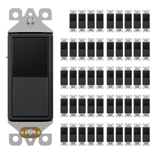AIDA Single Pole Rocker Decorator Light Switch, 15 Amp Self-grounding Electrical Light Switches, Residential Grade, UL Listed (50, Glossy Black, Without Wall Plate)