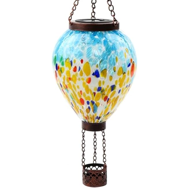 VOREEN Solar Hot Air Balloon Glass Lantern ÿ Hand Blown Multicolor Glass Outdoor Hanging Light, IP44 Waterproof LED, Garden Patio Decoration Gift for Mom Wife Friend, Backyard Night Lighting Decor