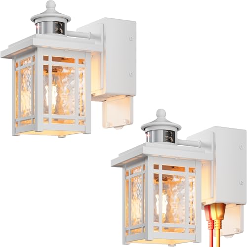 Image of Gleamz White Outdoor Porch Light with Outlet, 2-Pack Aluminum Front Door Motion Sensor Light, Waterproof Outside Garage Lights for House. Modern Dusk to Dawn Front Porch Lights for Patio, E26 Socket