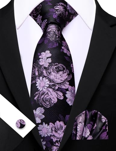Image of Barry.Wang Flower Ties for Men Silk Woven Floral Tie Sets Necktie Handkerchief Cufflinks Wedding Party