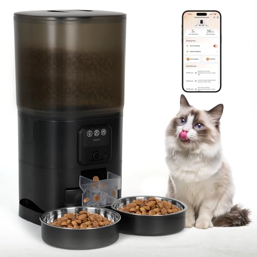 Automatic Cat Feeder with Camera, 7 Litre Dual Bowl Automatic Dog Feeder with HD Video and Night Vision, 5G/2.4G WiFi ，SD Card Storage and Two-Way Audio
