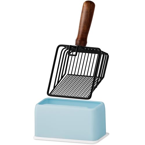 Morrean Cat Litter Scoop with Holder, Metal Cat Litter Scooper, Stainless Steel Heavy Duty Deep Shovel, Fast Fine Scoop Away Cat Litter - Black with Blue Holder