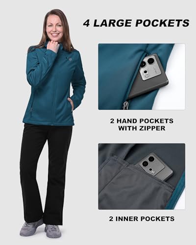 Outdoor Ventures Damen Wasserdichte Softshelljacke Winddichte Übergangsjacke mit Kapuze Leichte Sportjacke Funktionsjacke zum Radfahren, Wandern, Keramikblau 40