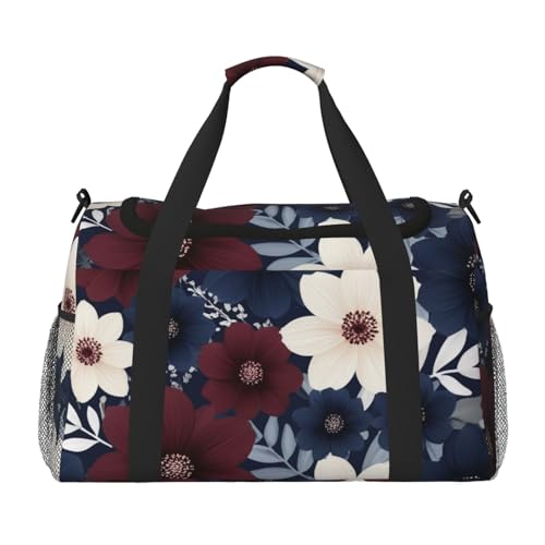 maroon and navy flowers Print Travel Duffle Bag - Foldable Personal Item Travel Bag for Women & Men,Carry-On Convertible Crossbody Tote Bags with Adjustable Shoulder Strap & Pockets 13x10.2x19.7 in