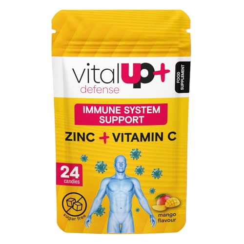 Vital Up+ Food Supplement - Caramelo sin Azúcar Defense Inmune System Support | Bolsa de 24 Comprimidos | Ideal para Reforzar el Sistema Inmunitario | Vitamina C y Zinc, Sabor Mango