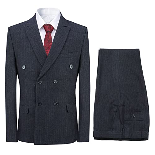 Mens Blue Slim Fit 3 Piece Checked Suits Double Breasted Vintage Fashion