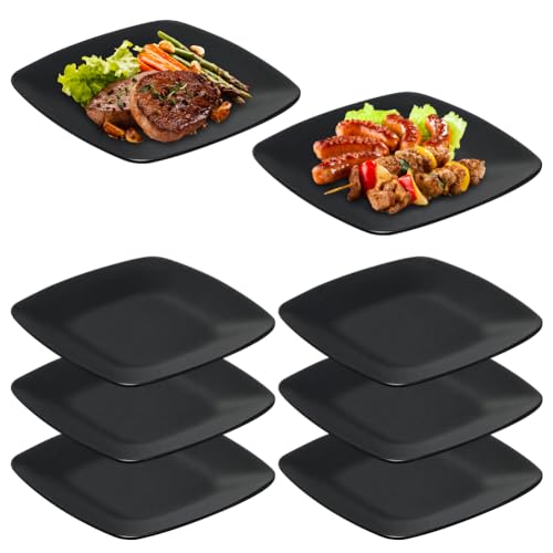 RANJIMA Lot de 6 grandes assiettes à dessert carrées, assiettes plates noires, assiettes de camping, assiettes de pique-nique, assiettes à apéritifs,...