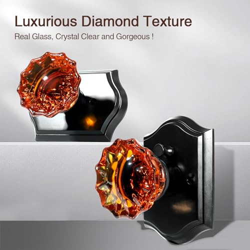 Crystal Door Knobs, Black Brown Glass Door Knobs Interior Rose Shape with Lock Privacy Function, Vintage Antique for Bedroom Bathroom