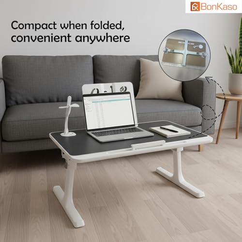 Image of BonKaso Multi-Purpose Laptop Table for Bed (60x40 cm) | Adjustable Height Foldable Lap Desk | Engineered Wood Portable Study Table for Work, Reading & Home Office | Bed Table with Legs (Black)