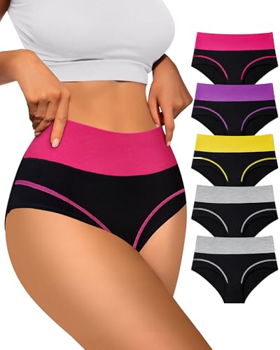 MEIYATING Women's High Waisted Cotton Underwear Tummy Control Panties Comfort Postpartum Full Coverage 5 Pack Briefs