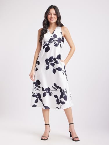 Image of FableStreet Women Party Dress | Elegant A-Line Fit Midi Length V-Neck Sleeveless | Lustrous Satin Fabric for Evening Gatherings & Celebrations