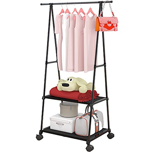 Clothing Rack with Shelves Small Clothes Rack with Wheels for Hanging Clothes Laundry Hanging Rack Rolling Coat Rack Metal Garment Rack for Bedroom, Laundry Room and Entryway