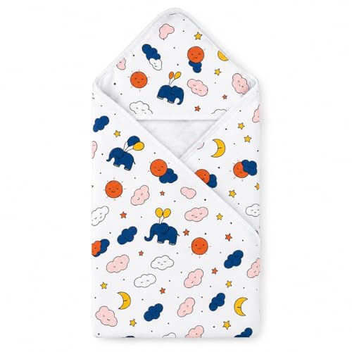 Image of HANUSH 100% Muslin Cotton Baby Hooded Towel 75x75 cm - Double Layer Soft Newborn Bath Wrap, Organic Muslin Bath Towel for Infants & Babies (Unisex, Elephant & Cloud Print)