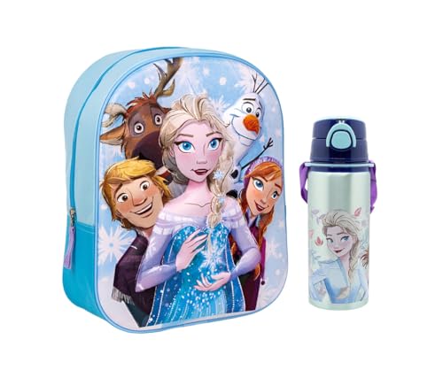 MARUKATSU Mochila Infantil y Botella escolar. Pack Diseño Colorido | Mochila Escolar 31x25x10cm Niño Niña de 3 a 8 Años | Material Escolar Vuelta al Cole (Frozen)