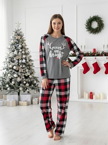 Image of IFFEI Matching Family Pajamas Sets Christmas PJ's with Letter and Plaid Printed Long Sleeve Tee and Bottom Loungewear