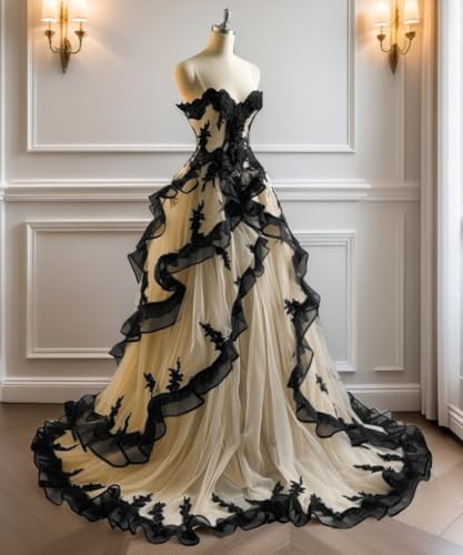 Mouccy Gothic Black Lace Wedding Dresses for Bride Strapless Tulle Bridal Gowns with Train A-line Wedding Gown with Ruffles3