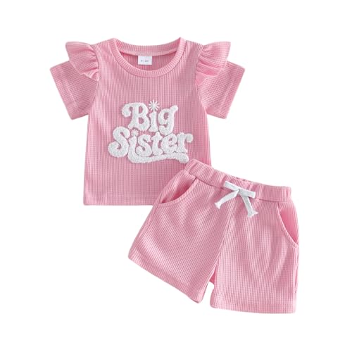 Seyurigaoka Big Sister Little Sister Matching Outfits Baby Girl Summer Clothes Ruffle Short Sleeve T-Shirt Shorts Set (Big Sister 2-3T)