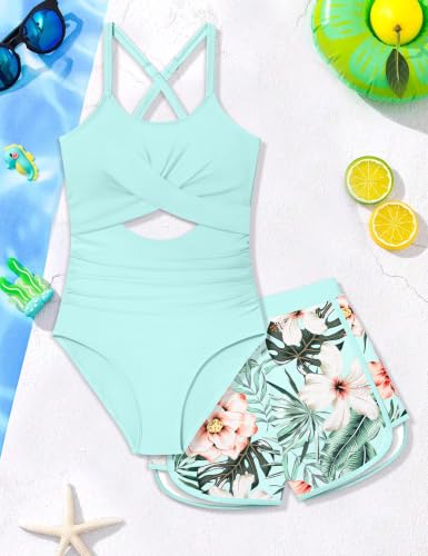 Image of Girl Swimsuit One Piece Cutout Ruched Bathing Suit for Girls Color Block Adjustable Straps Pad Swimwear 9-18y