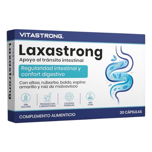 Vitastrong Laxastrong, Laxante Natural, Apoyo al Tránsito Intestinal, Fórmula Avanzada, Extractos Vegetales, Ruibarbo, Espino Amarillo, Malvavisco, Sen, 30 Cápsulas Veganas sin OGM, Gluten ni Lactosa