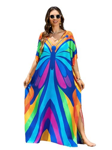 Image of sunforyou Kaftan Dresses for Women Plus Size Lightweight Swimsuit Cover up Batwing Sleeve Print Loungewear Beach Robe