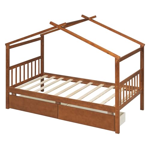 Image of Twin Size Wooden House Bed with Roof Frame and 2 Storage Drawers, Montessori Platform Bed with Headboard and Slat Support for Kids Teens Girls Boys, No Box Spring Needed (Walnut-04, Twin)