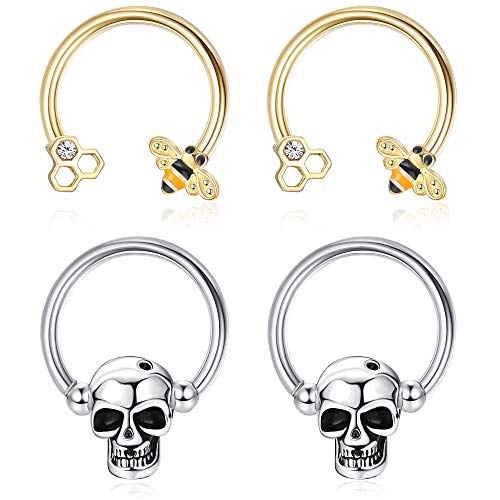 Drperfect 16G Skull Captive Bead Ring Bee Horseshoe Circular Barbell for Nipple/Earlobe/Cartilage/Daith/Septum